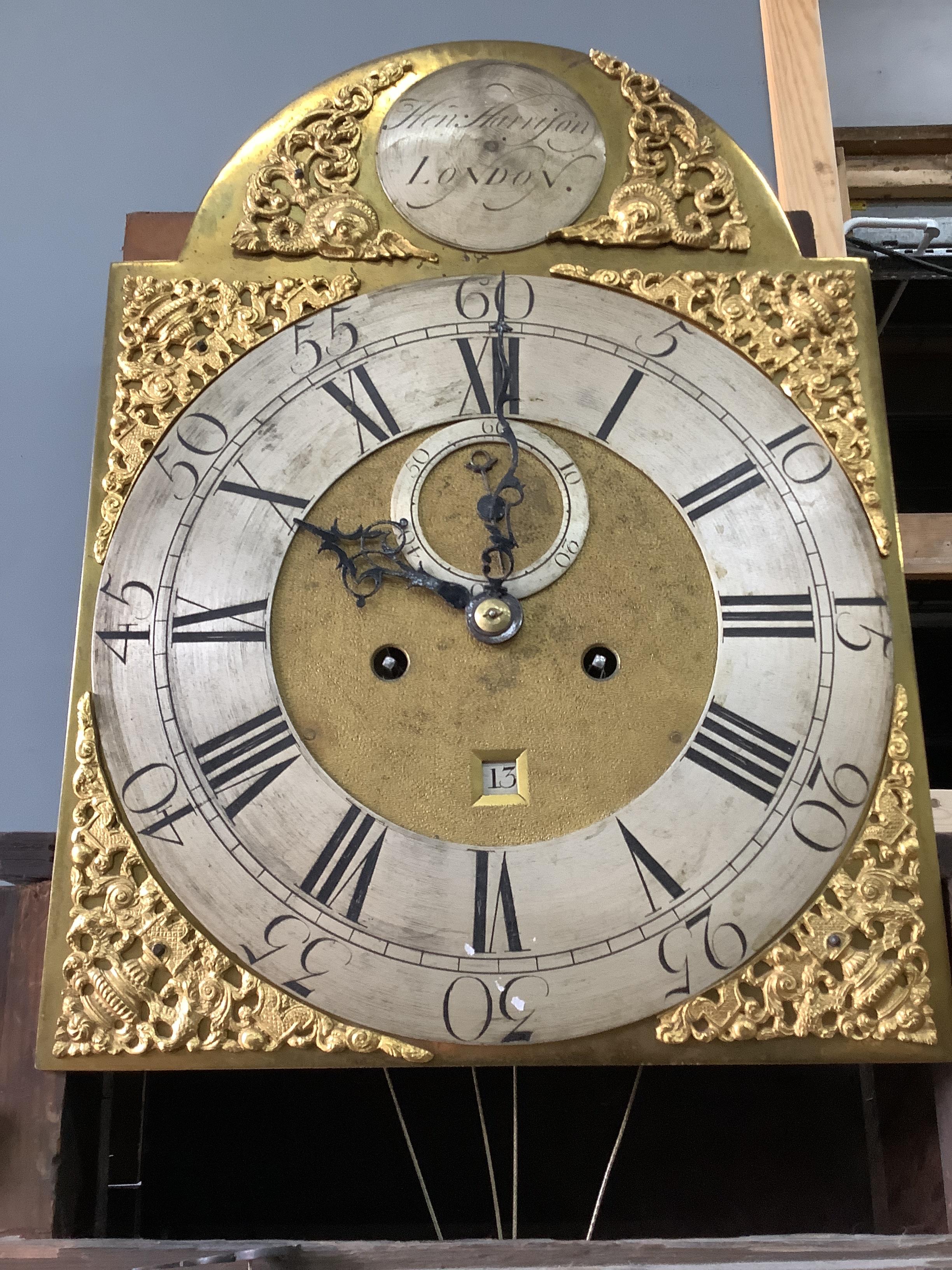 A late 18th / early 19th century chinoiserie lacquer eight day longcase clock, marked Harrington, London, hood in need of restoration, height approx. 240cm